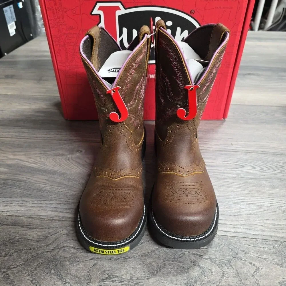 Justin Wanette Aged Bark Water Buffalo Women’s 8.5B 8” Round Steel Toe Boots NEW